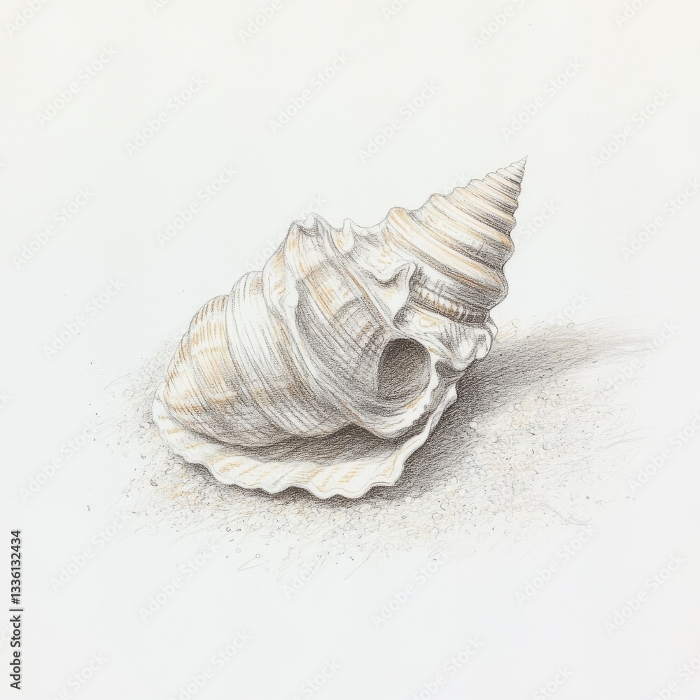 Poster Seashell resting on soft sand, meticulously sketched in pencil, capturing delicate textures and shapes with precision