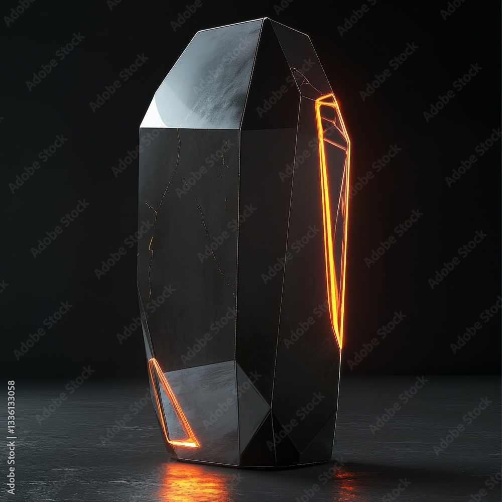 Poster Dark Crystal Obelisk with Glowing Edges: A futuristic monolith featuring sharp angles and vibrant orange illumination against a somber backdrop.