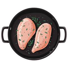 Top View of Fried Chicken Breast with Sauce and Spices Cartoon Style