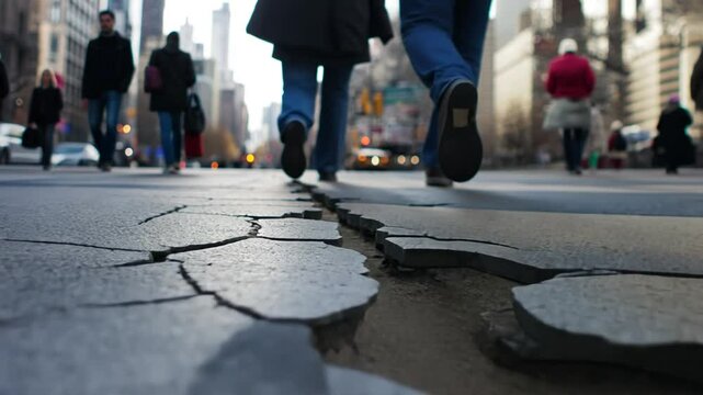 Urban landscape featuring a cracked city street with blurred pedestrians walking by