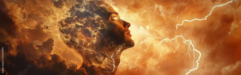 Poster mystical profile of a man with electric clouds and lightning in a dramatic sunset backdrop