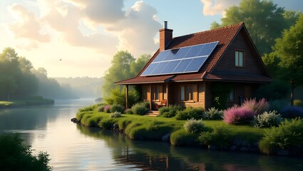 Fototapeta premium Riverside Cottage with Solar Panels in Misty Morning