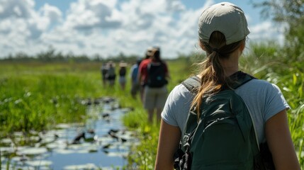 Guided tour leads visitors through a serene protected wetland on a sunny day