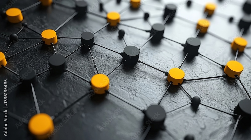 Poster abstract network connection with black and yellow nodes on a textured dark surface