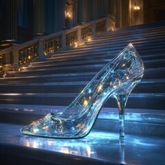 Lost in Elegance: A Glass Slipper on Grand Staircase Reflecting Fairytale Dreams 