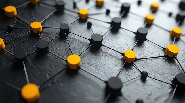 Abstract network connection with black and yellow nodes on a textured dark surface