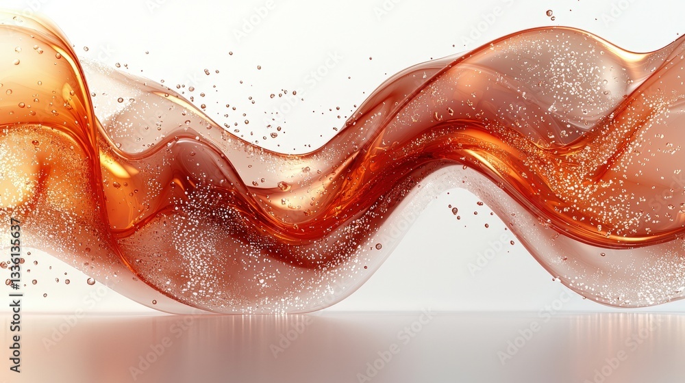 Poster abstract liquid flow smooth waves with bubbles in warm orange and red tones on white background