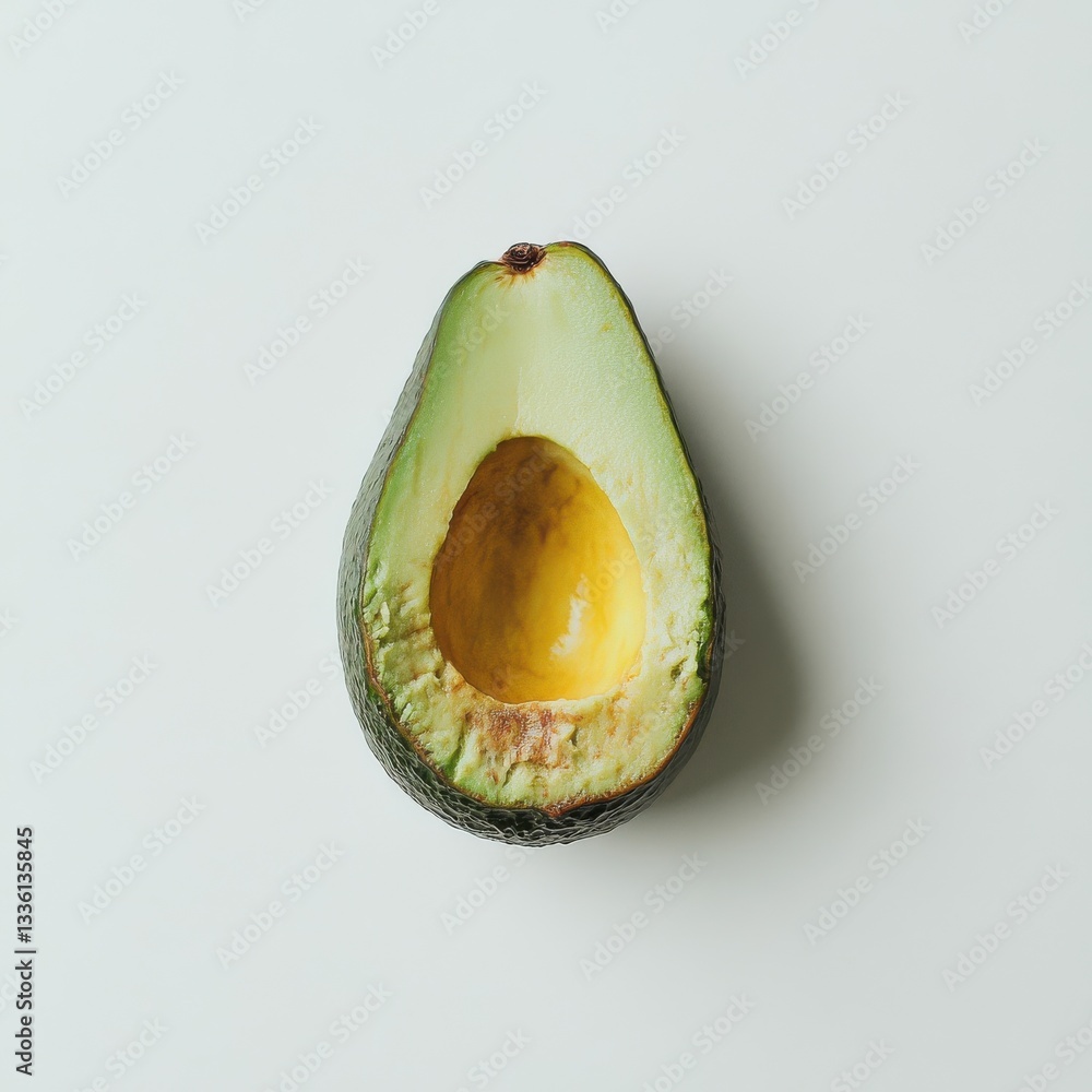Poster fresh green avocado with exposed pit on a clean white background ready for culinary use or healthy s