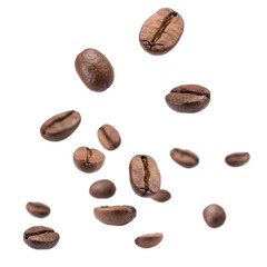 Many Roasted Coffee Beans Falling on Black Background Coffee Beans Close Up