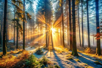 Fototapeta premium Sunbeams Through Forest Trees