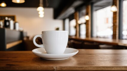 Fototapeta premium Cozy coffee shop mockup featuring a white cup on a wooden table.