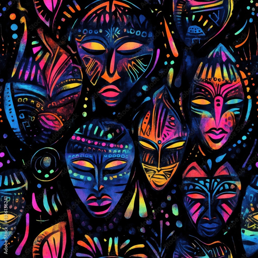 Poster Dynamic doodle cartoon watercolor featuring vibrant abstract faces and intricate patterns in a mystical arrangement
