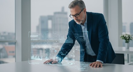 Mature Businessman Analyzing Data on Futuristic Holographic Interface