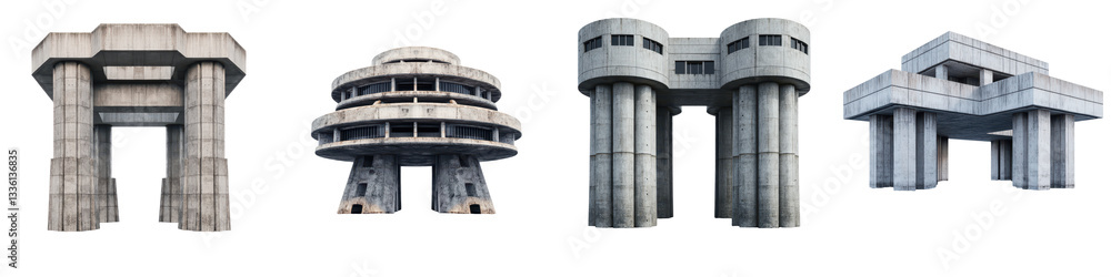 Poster a series of striking geometric and minimalist architectural buildings and structures showcasing the 
