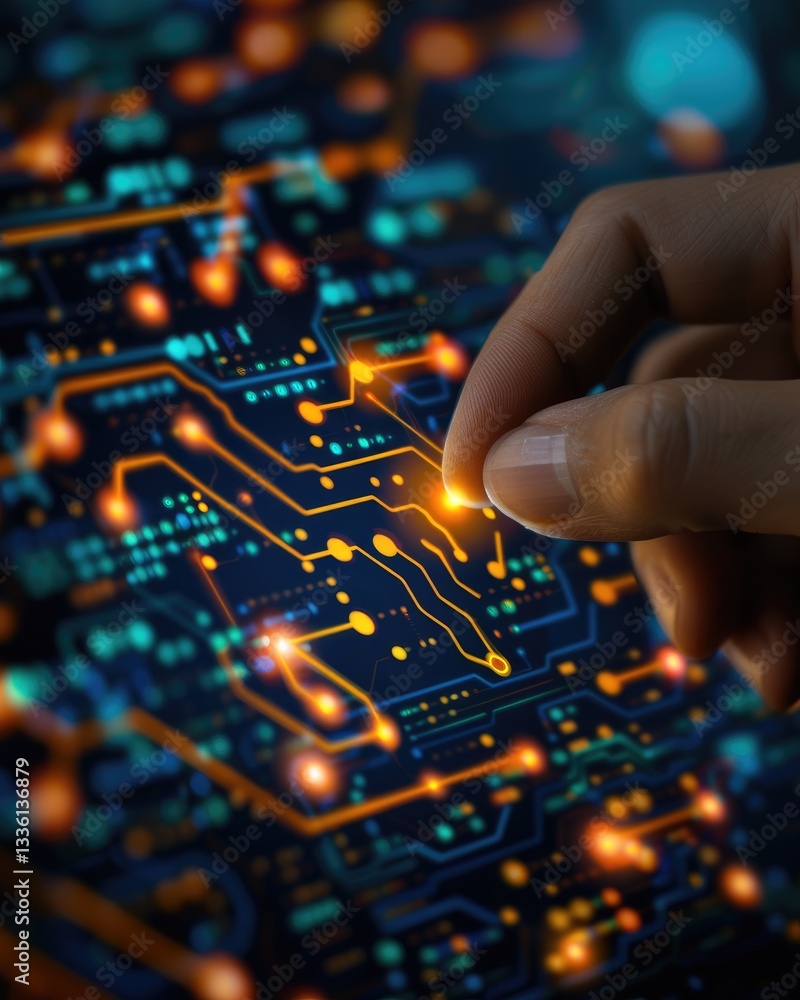 Poster close up finger interacting with a glowing digital circuit board technology interface futuristic net