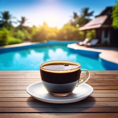 Cup of Coffee on the Garden Next to the Pool