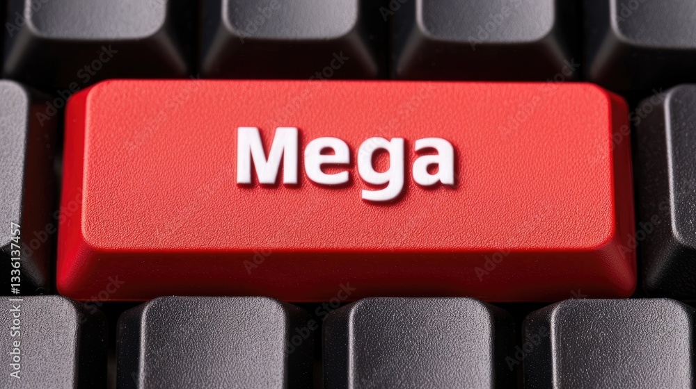 Poster red mega button on a black keyboard technology concept image for websites business