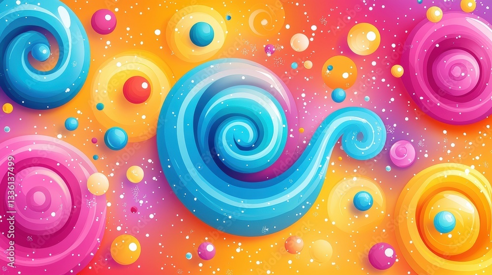 Poster colorful abstract swirls and circular shapes on vibrant background with smooth textures and gradient