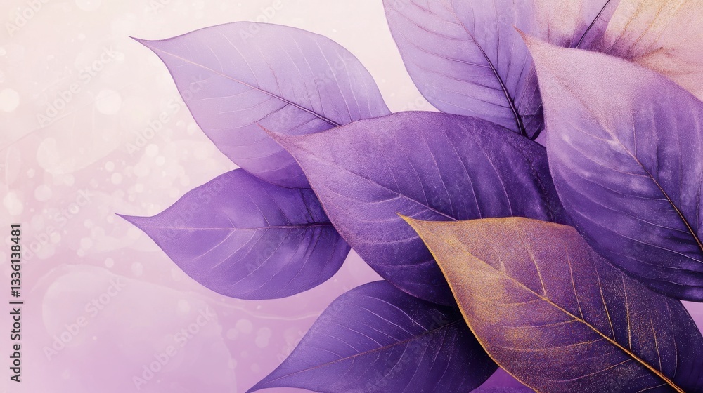 Poster close-up view of vibrant purple leaves showing intricate textures and delicate hues in a soft light 