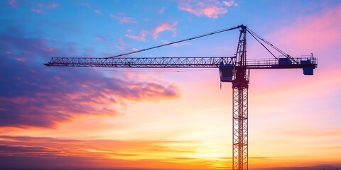 A lone tower crane at dawn, its metal structure glowing in the first light