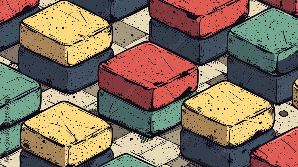 Aufkleber colorful square cushions on a tiled surface in a repetitive pattern with artsy design