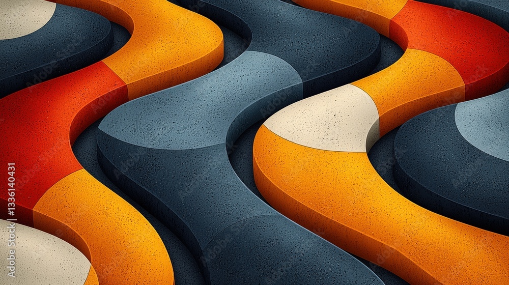 Poster abstract colorful waves with curved shapes and textured surfaces in modern design style