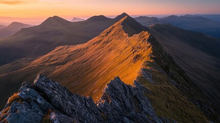 Obraz premium Panoramic golden hour illuminating majestic Scottish Highlands mountain range