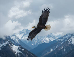 Obraz premium Eagle in Mid-Flight Over a Mountain Range 
