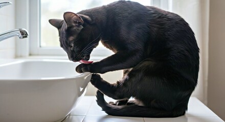 (Photograph a Bombay Cat in a Focused Grooming Ritual, Highlighting Its Glossy Black Fur in a Naturally Lit Bathroom Setting_