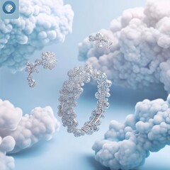 Naklejka premium Sparkling jewelry display features stunning diamond bracelet surrounded by soft, fluffy clouds in an artistic setting