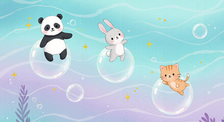 Naklejka premium Magical Underwater Scene with Cartoon Animals and Bubbles