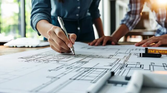 Colleagues collaborating on detailed blueprint in a modern office space, People working together on blueprint in a modern office