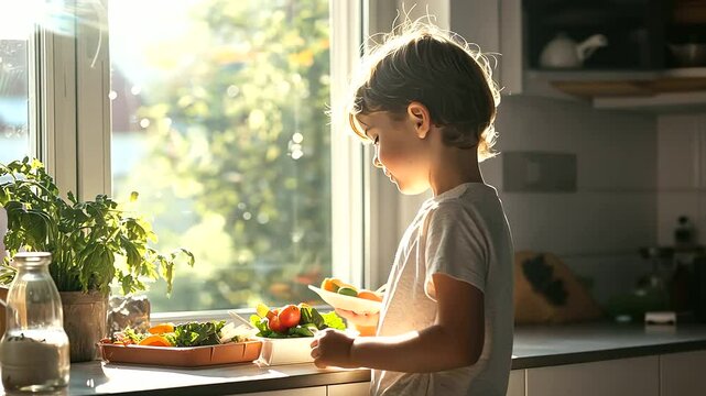 Preparing a Colorful Lunchbox in Sunlit Kitchen