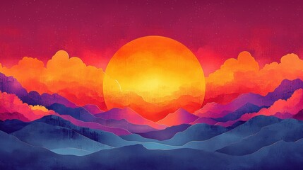 Vibrant Sunset Over Majestic Mountains in Abstract Art Style with Colorful Clouds and Sky