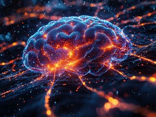 Representation of a vibrant human brain surrounded by glowing neural networks and connections at night