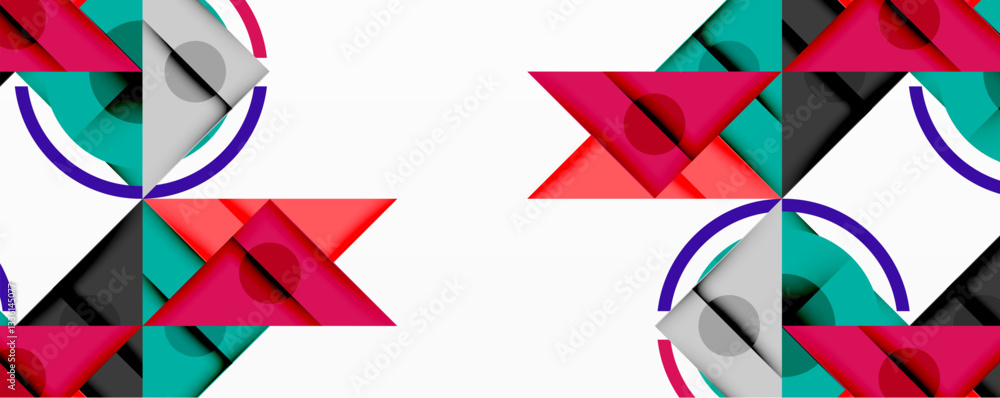 Poster abstract geometric composition with intersecting triangles, circles, and gradients, creating a dynam