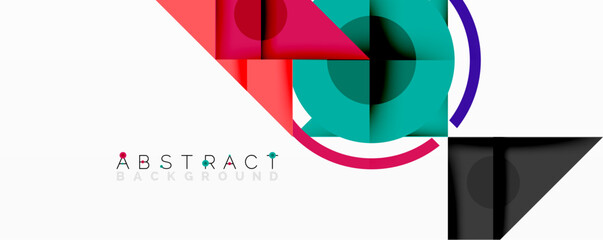 Abstract geometric composition with intersecting triangles, circles, and gradients, creating a dynamic layered pattern with depth and contrast