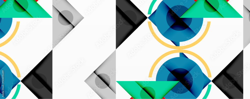 Aufkleber Abstract geometric composition with overlapping triangles, circles, and gradients, featuring a central circular design with text