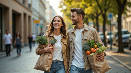Obraz premium Smiling couple carrying bags with fresh groceries on street
