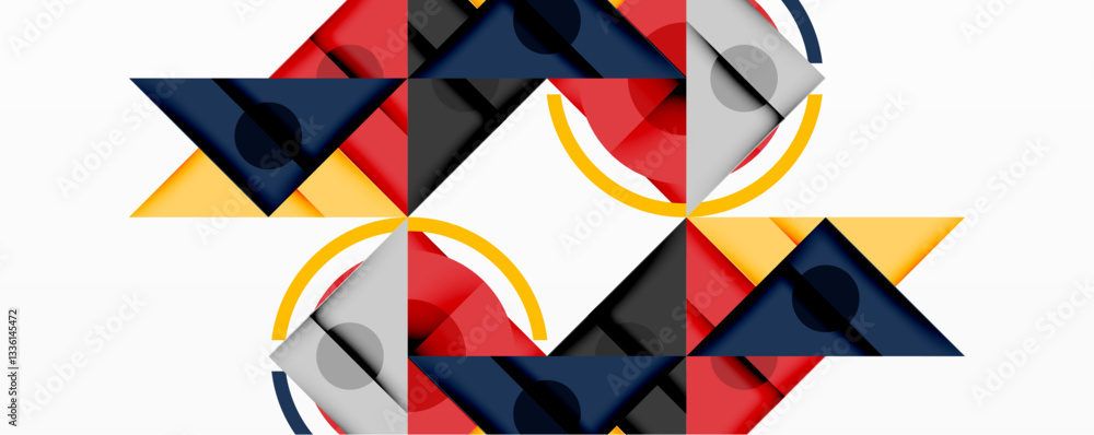 Poster abstract geometric composition with intersecting triangles, circles, and gradients, creating a dynam