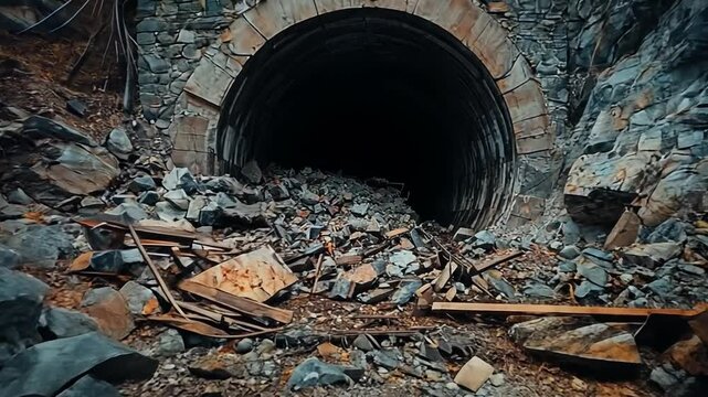 Exploring the Ruins: Abandoned Stone Tunnel Entrance in a Rockslide, Danger Zone