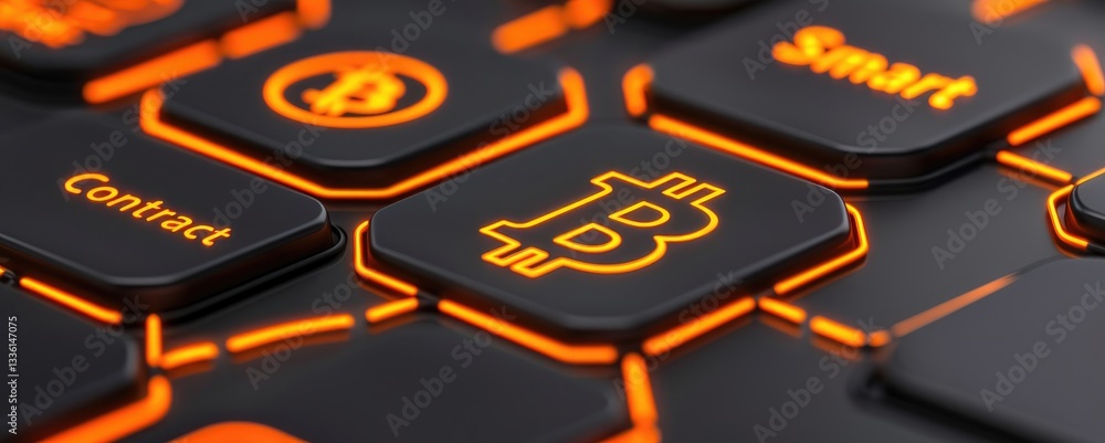 Poster illuminated bitcoin button on futuristic keyboard technology concept
