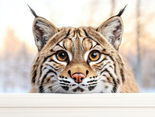 Obraz premium Close-up of a lynx peering over a wooden surface in a snowy landscape at sunset