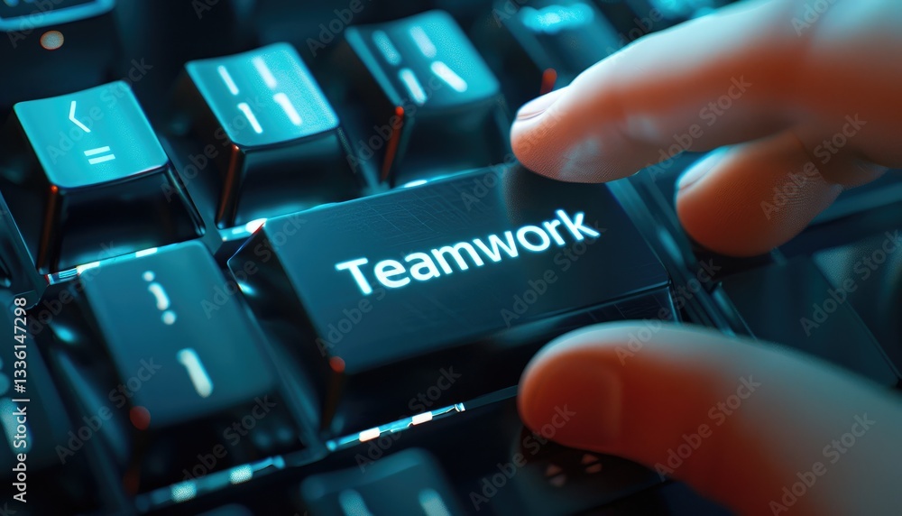 Poster finger pressing teamwork key on illuminated keyboard collaboration concept