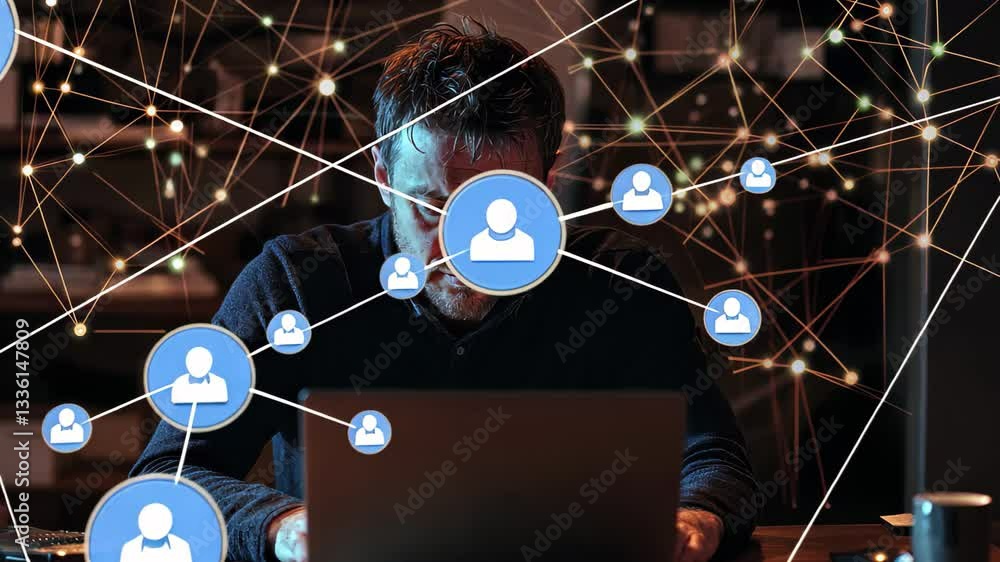 Aufkleber caucasian man working on laptop while analyzing data connections in a dimly lit environment, network