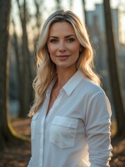 attractive adult american gal in white casual wear portrait on city forest morning background, facing front and slightly smiling