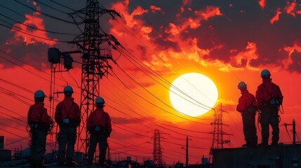 Naklejka premium Industrial-themed lineman artwork showing team coordination on power grid maintenance