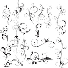 Calligraphic swirl flourish ornament. Modern swirling flourishes, wreath, romantic card decorative swirl and wedding card decor curls swirles dividers set. filigree ornaments baroque. floral ornament.