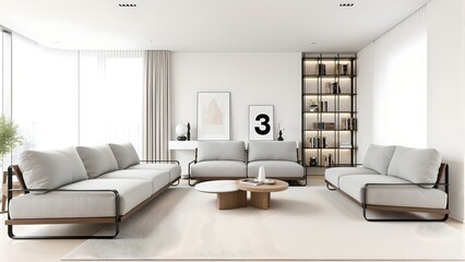 Modern Floating Sofa and Wooden Coffee Table in Scandinavian Interior, Minimalist Decor with Marble Inlay for Residential Branding