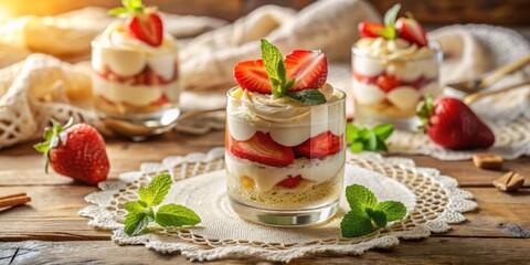 Layered Strawberry Dessert in Glass Cups with Whipped Cream and Mint Garnish on Rustic Wooden Table